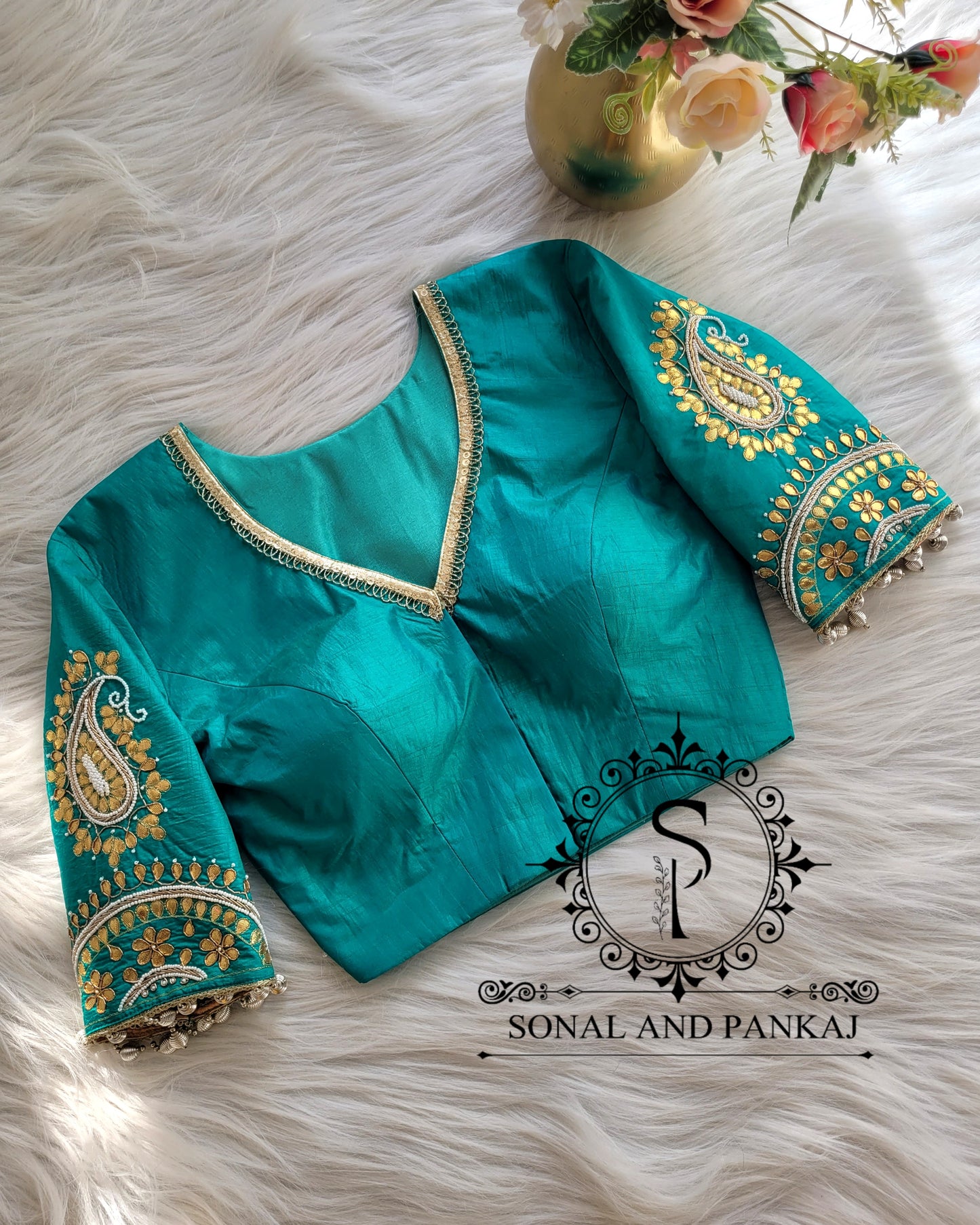 Green Gotta Patti Hand Embroidered Blouse With Leheriya Saree - SAMPLE01337