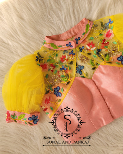 Peach & Yellow Hand Embroidered Blouse - BL01328
