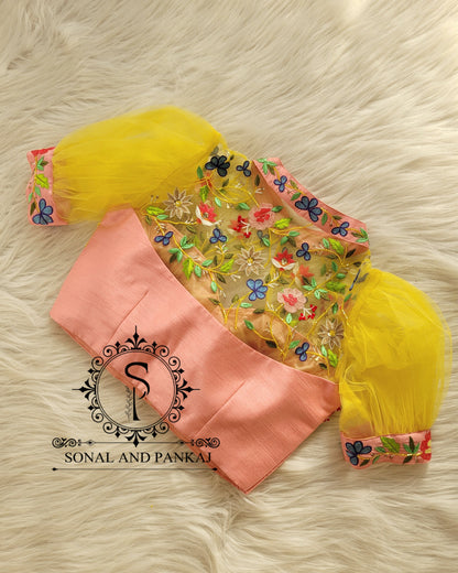 Peach & Yellow Hand Embroidered Blouse - BL01328