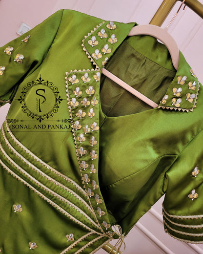 Olive Green Lapel Collar Jacket With Lehenga  - LH01341