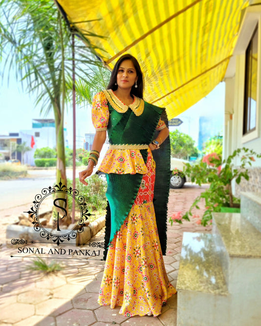 Big & Beautiful Designer Collar Blouse With Patola Print Ready To Wear Saree - RTW01347