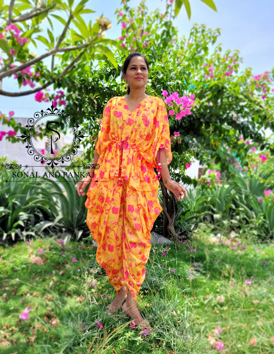 Haldi Yellow Short Kaftan Top With Dhoti Pants - SAMPLE01349