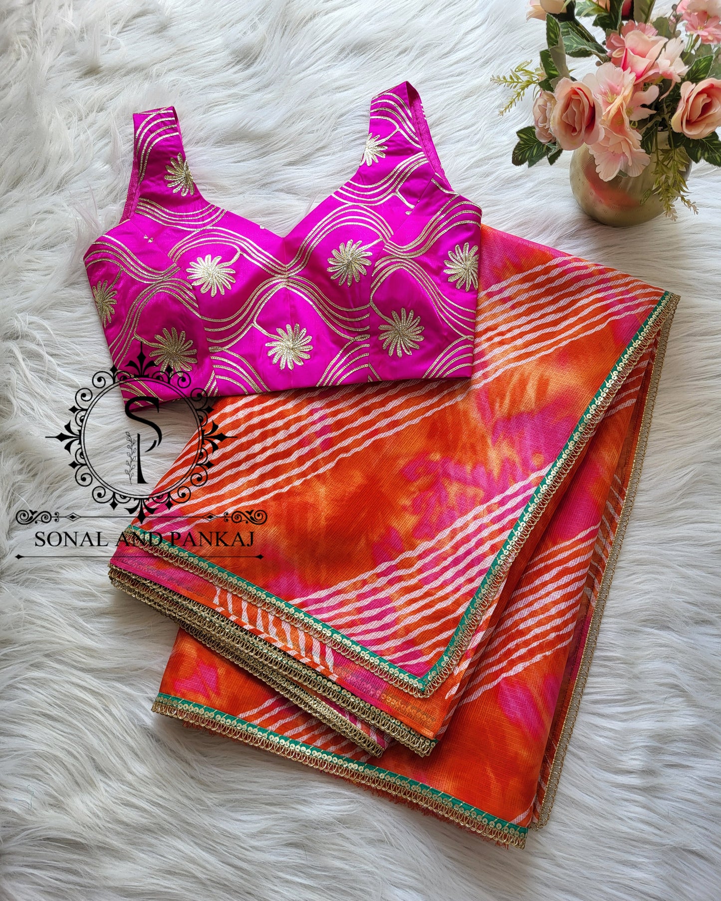 Designer Pink Gotta Embroidered Blouse With Orange Leheriya Saree - SAMPLE01354