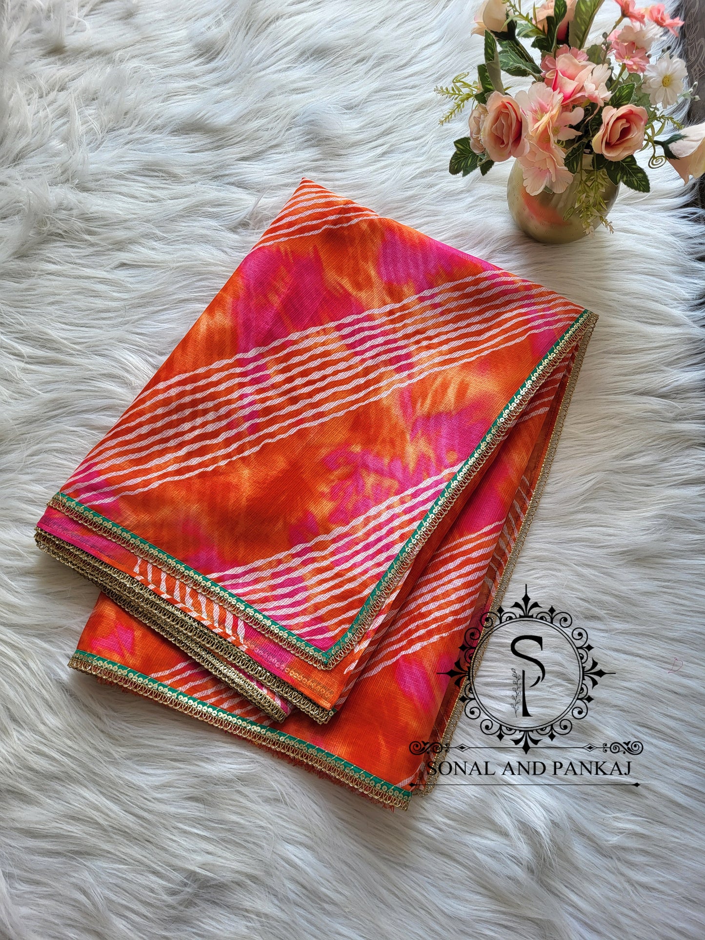 Designer Pink Gotta Embroidered Blouse With Orange Leheriya Saree - SAMPLE01354