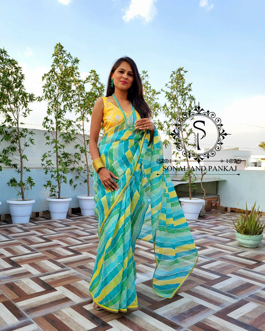 Designer Yellow Gotta Embroidered Blouse With Leheriya Saree - SA01355
