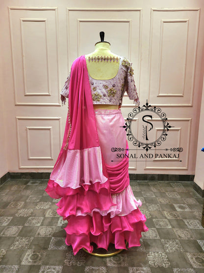 3d Peacock Embroidery Jacket Style Blouse With Ready To Wear Ruffle Saree - SA01378