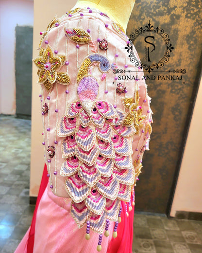 3d Pink Peacock Hand Embroidered Blouse - BL01405