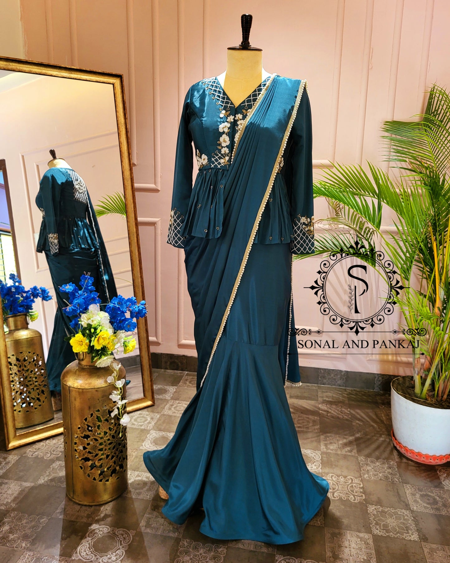 Peacock Blue Hand Embroidered Blouse With Ready To Drape Saree- SA001387