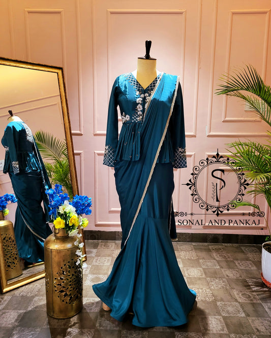 Peacock Blue Hand Embroidered Blouse With Ready To Drape Saree- SA001387