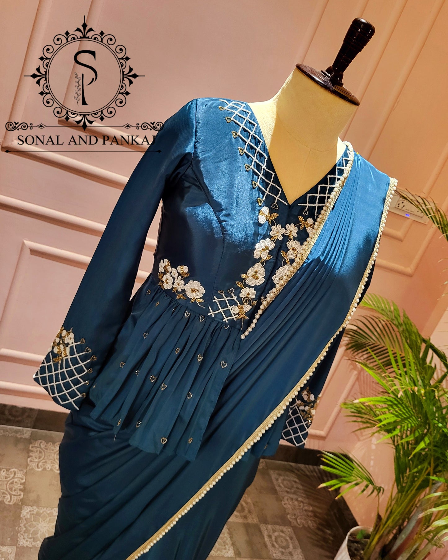 Peacock Blue Hand Embroidered Blouse With Ready To Drape Saree- SA001387