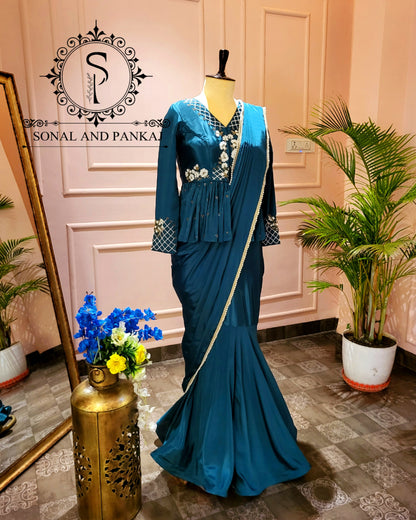 Peacock Blue Hand Embroidered Blouse With Ready To Drape Saree- SA001387