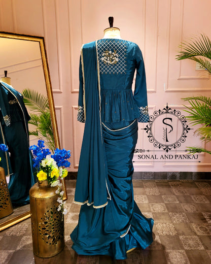 Peacock Blue Hand Embroidered Blouse With Ready To Drape Saree- SA001387