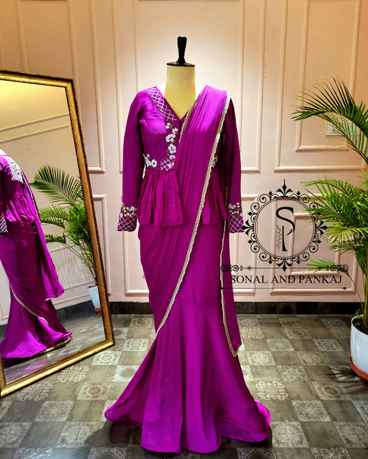 Purple Hand Embroidered Blouse With Ready To Drape Saree - SAMPLE001381