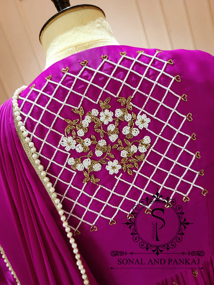 Purple Hand Embroidered Blouse With Ready To Drape Saree- SA001381