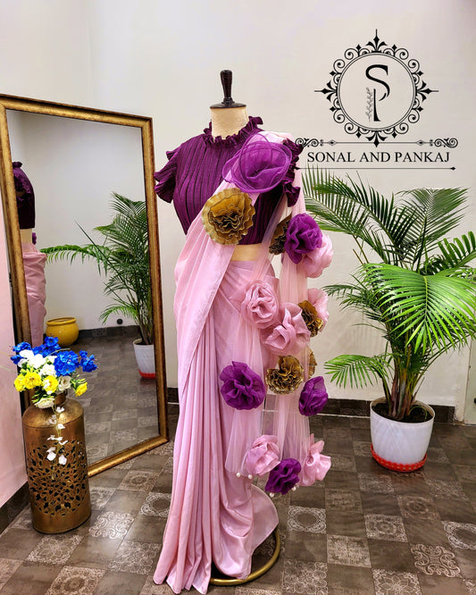 Plum Voilet Pleated Blouse With Rose Quartz Ready To Drape Saree - SA01621