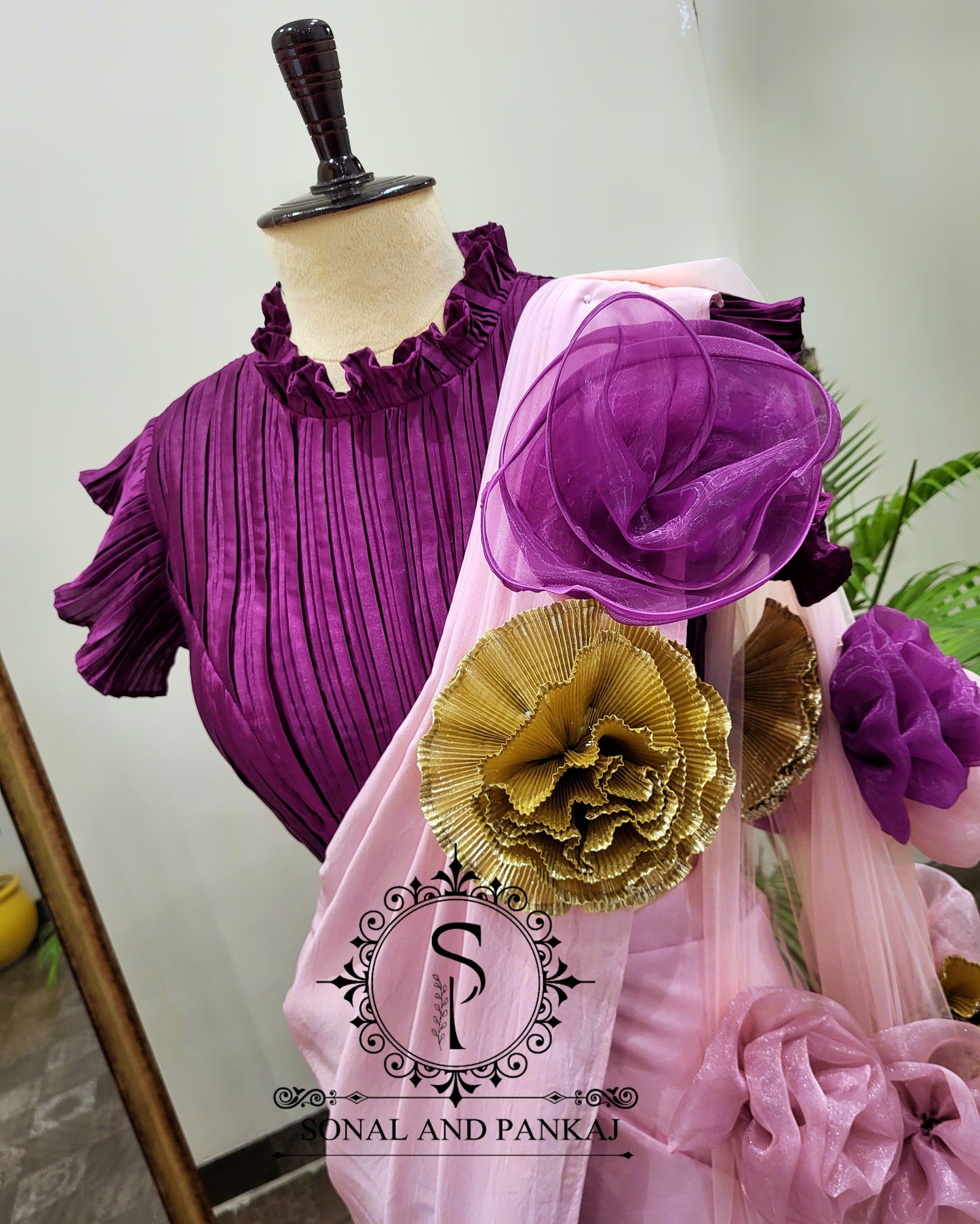 Plum Voilet Pleated Blouse With Rose Quartz Ready To Drape Saree - SA01621