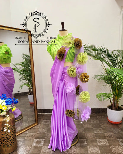 Parrot Green Pleated Blouse With Lavender Ready To Drape Saree - SA01730