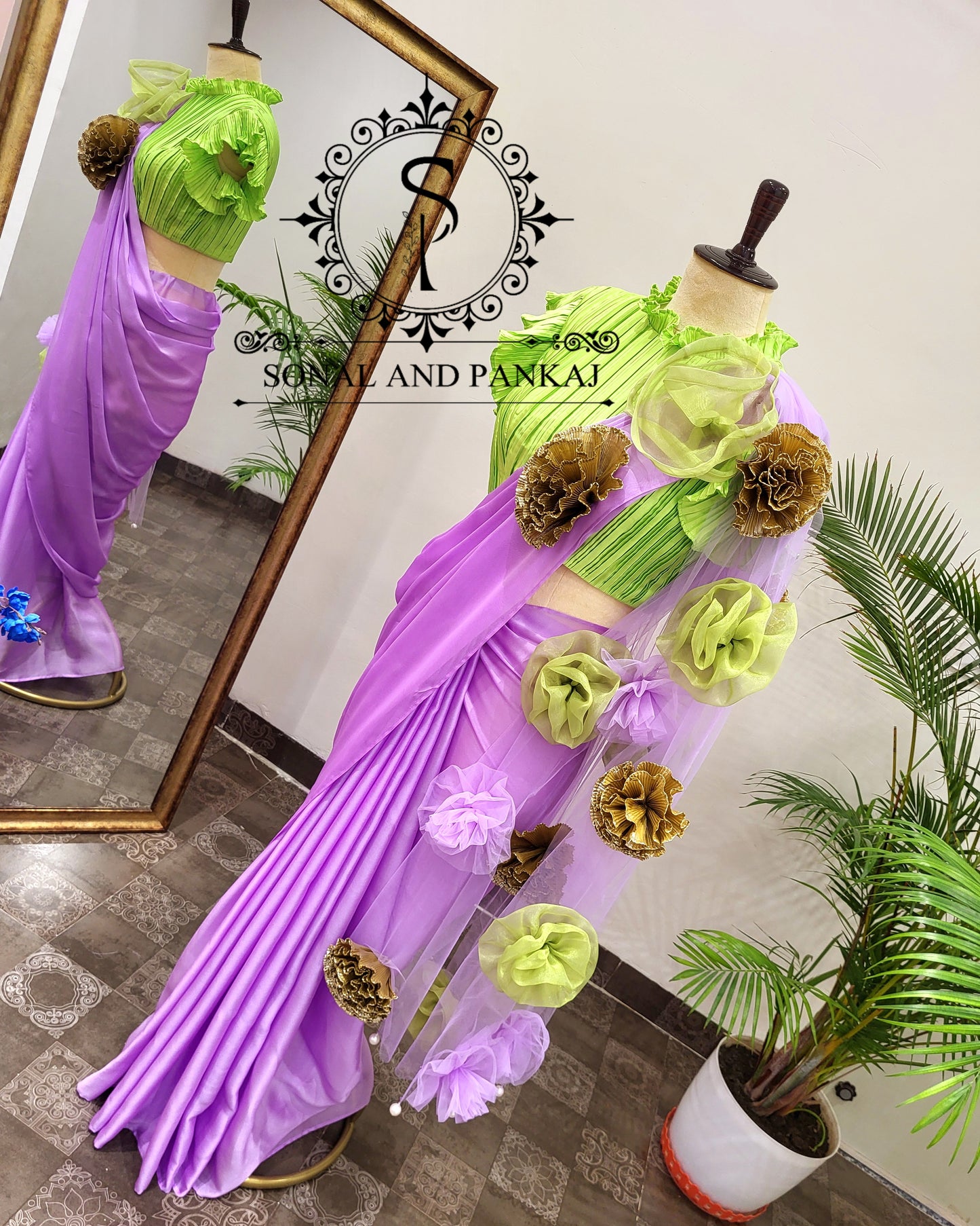Parrot Green Pleated Blouse With Lavender Ready To Drape Saree - SA01730