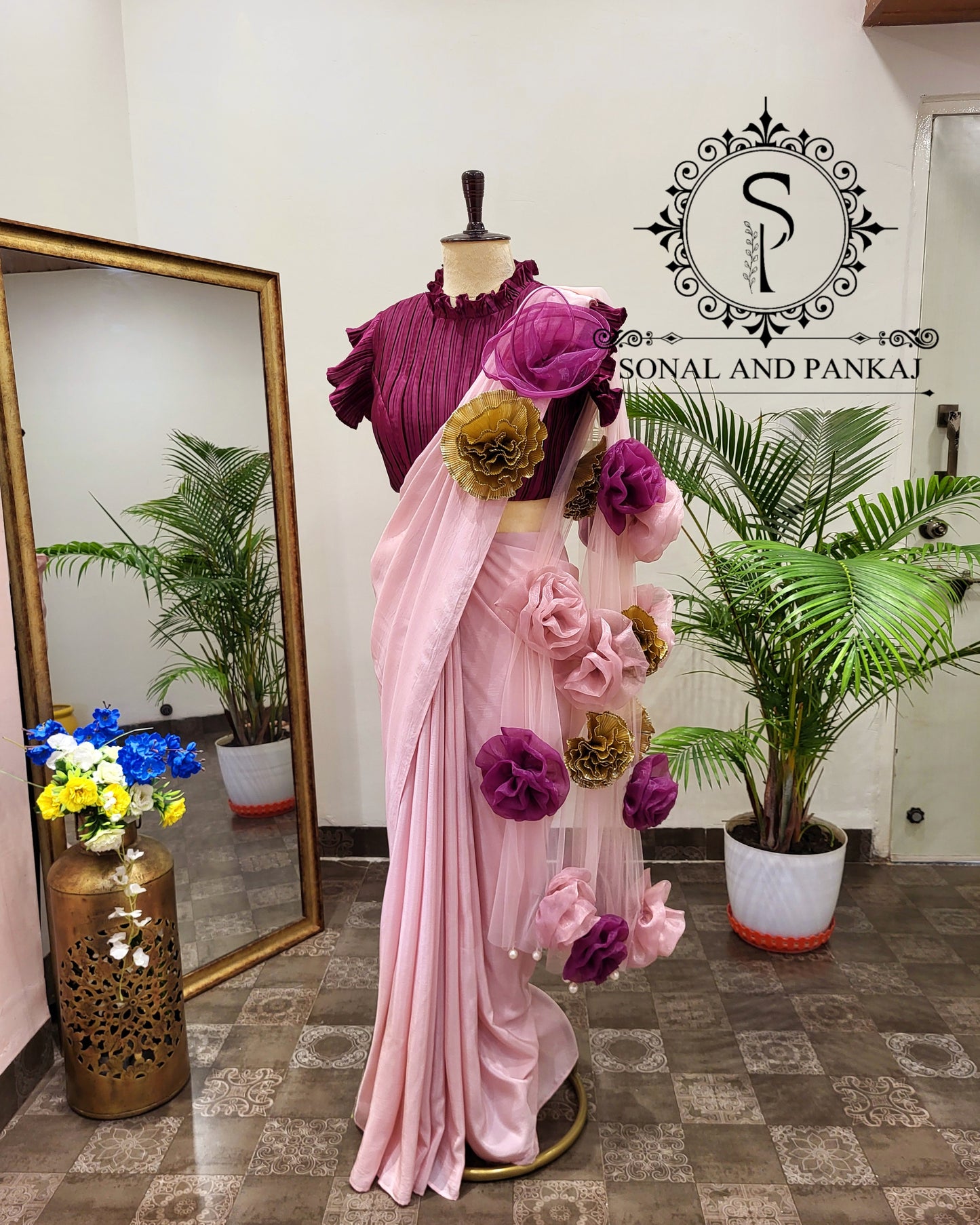 Wine Pleated Blouse With Rose Quartz Pink Ready To Drape Saree - SA01399