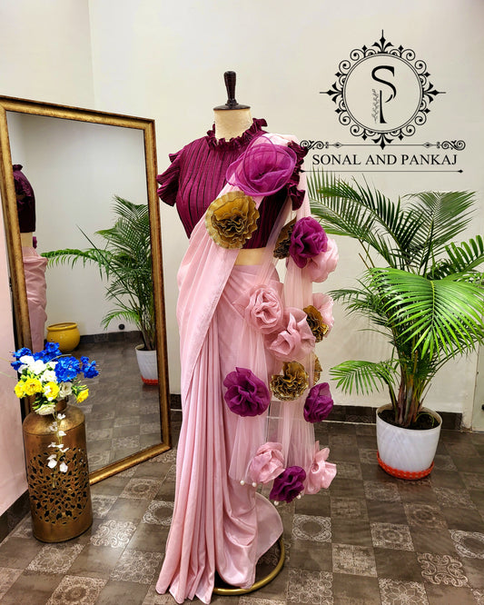 Wine Pleated Blouse With Rose Quartz Pink Ready To Drape Saree - SAMPLE01399