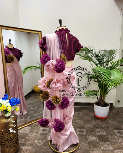 Wine Pleated Blouse With Rose Quartz Pink Ready To Drape Saree - SA01399