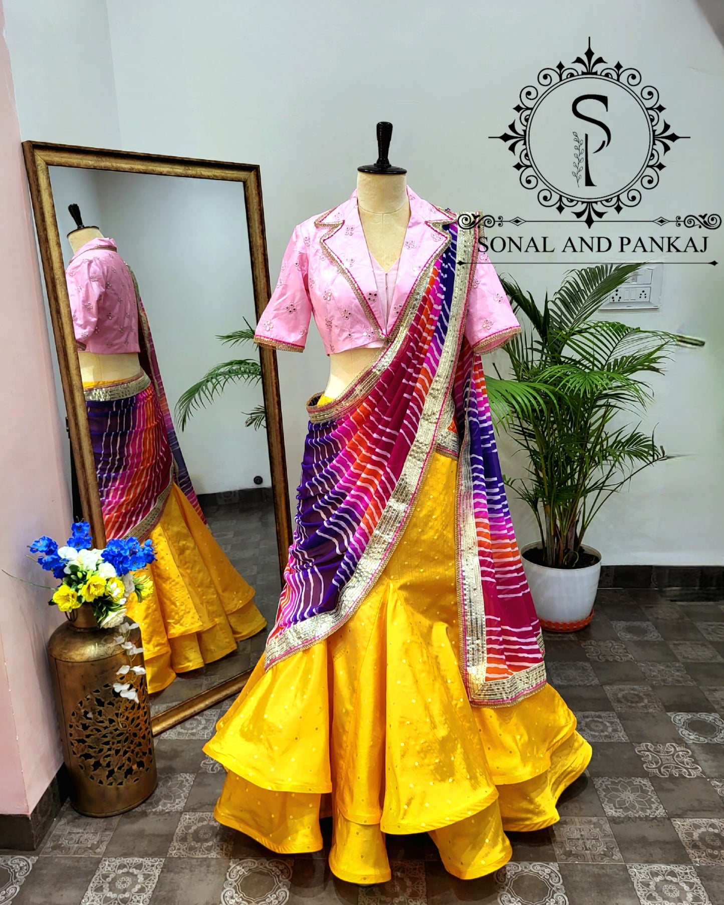 Coat Collar Style Blouse With Leheriya Duppatta & Designer Lehenga - LH01402 (Yellow)