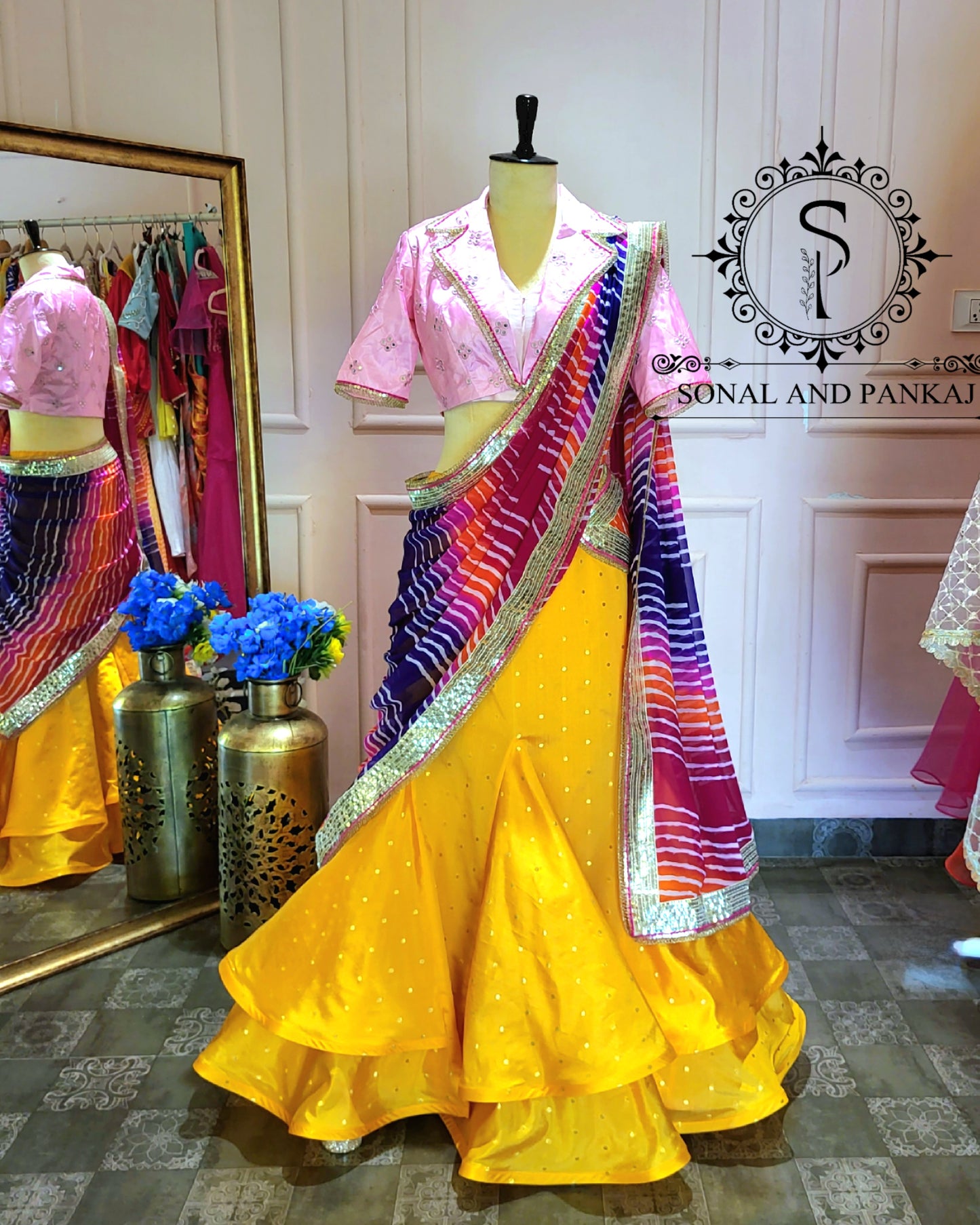 Coat Collar Style Blouse With Leheriya Duppatta & Designer Lehenga - LH01402 (Yellow)