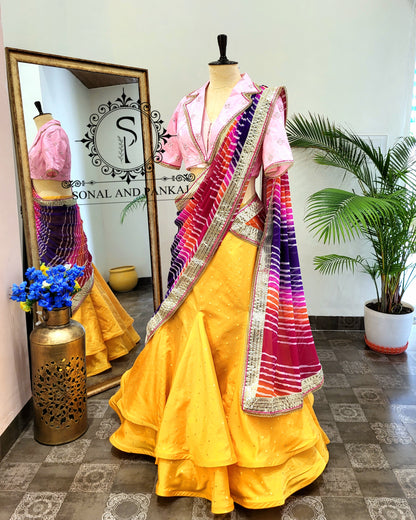 Coat Collar Style Blouse With Leheriya Duppatta & Designer Lehenga - LH01402 (Yellow)