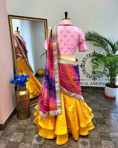 Coat Collar Style Blouse With Leheriya Duppatta & Designer Lehenga - LH01402 (Yellow)