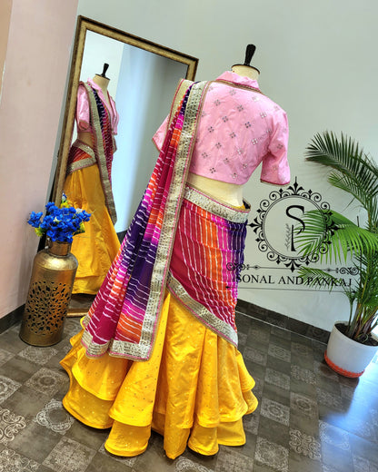 Coat Collar Style Blouse With Leheriya Duppatta & Designer Lehenga - LH01402 (Yellow)