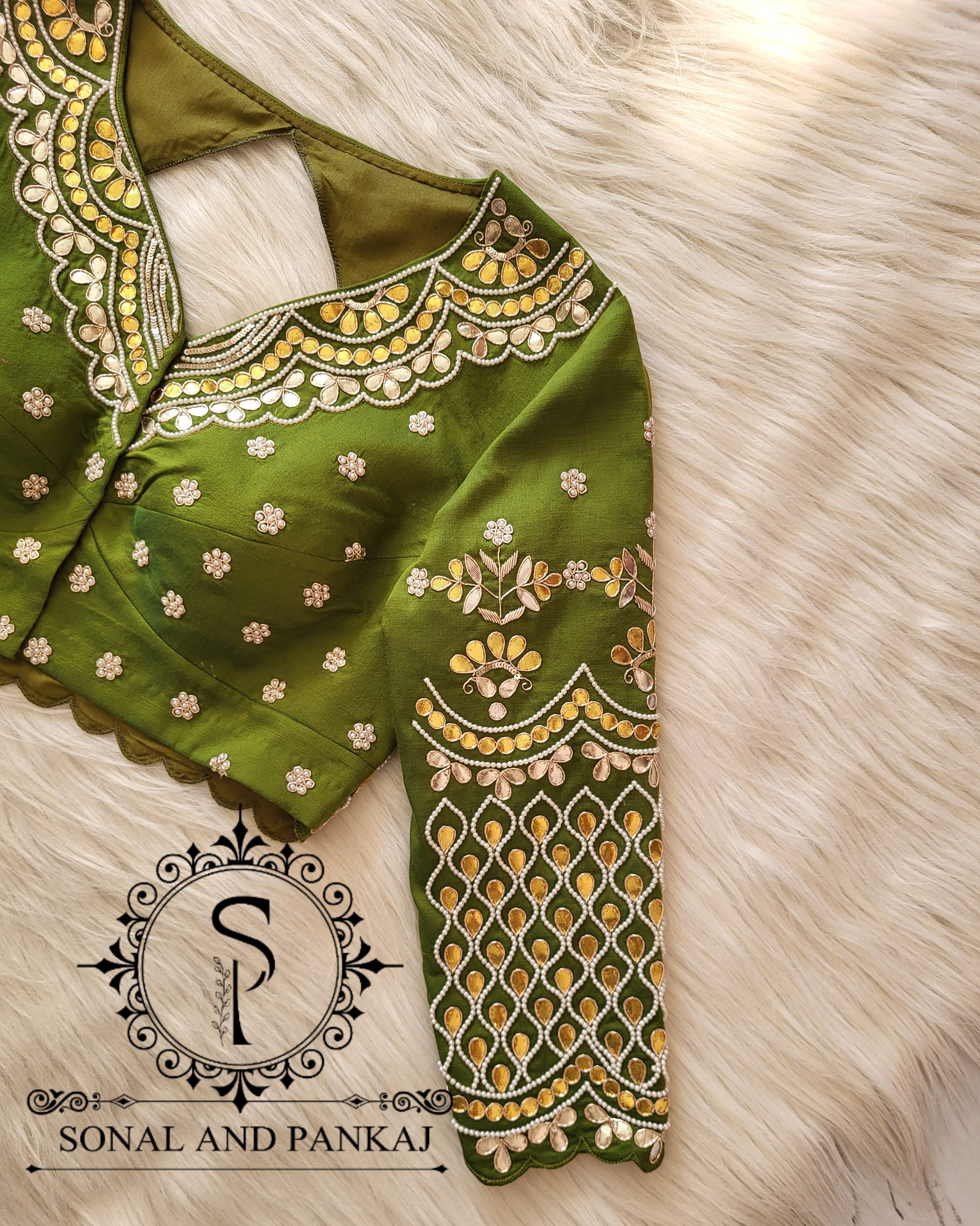 Olive Green Gotta Patti Hand Embroidered Blouse - BL01481