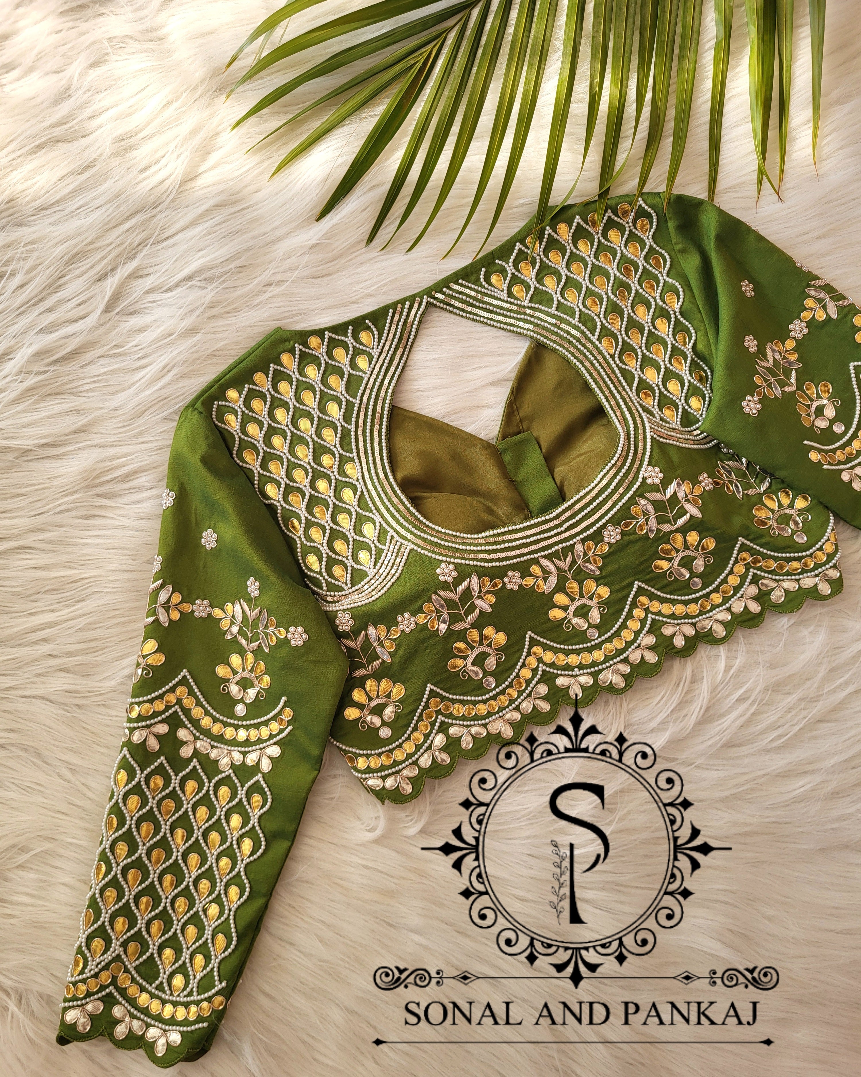 Olive Green Gotta Patti Hand Embroidered Blouse - BL01481