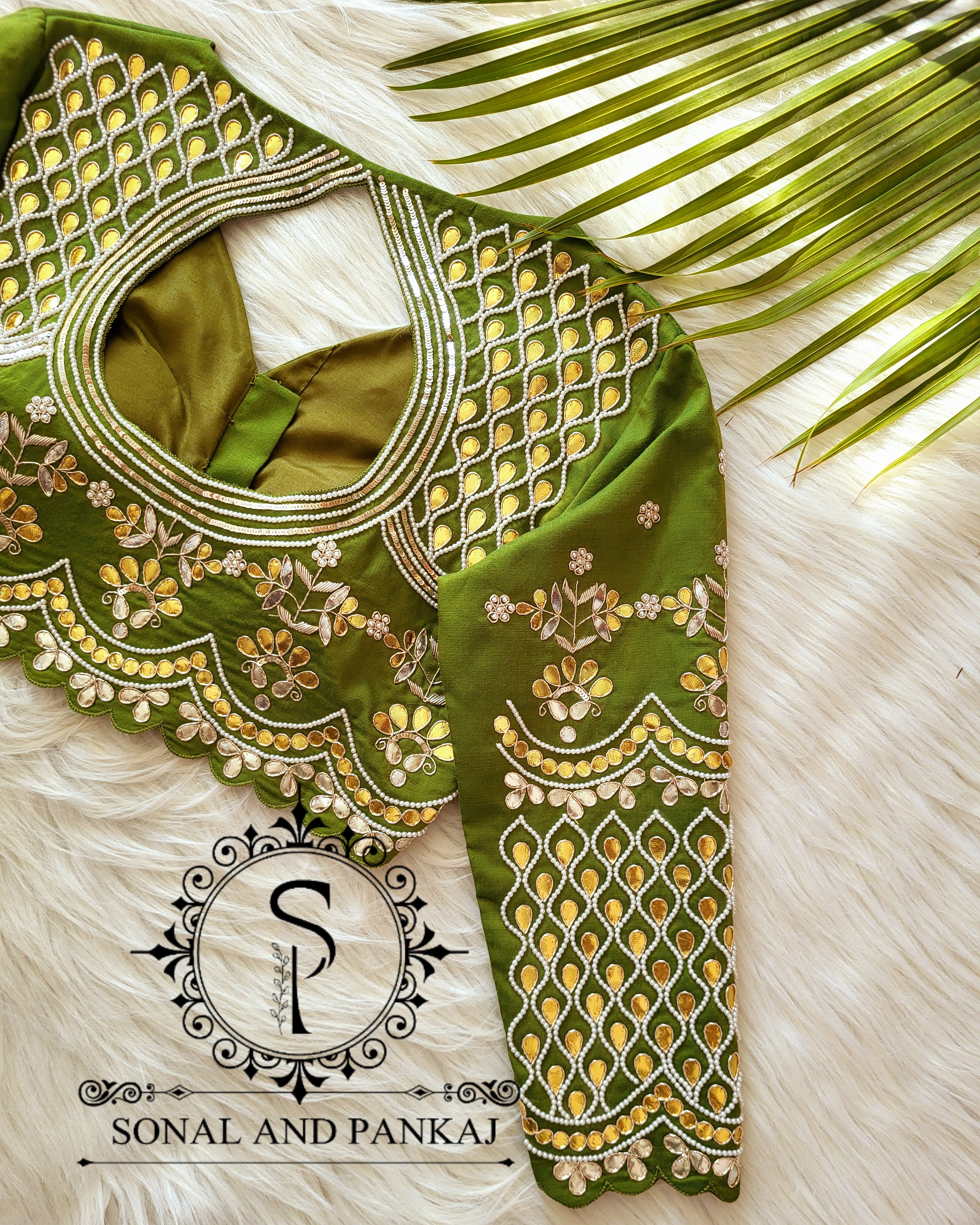 Olive Green Gotta Patti Hand Embroidered Blouse - BL01481