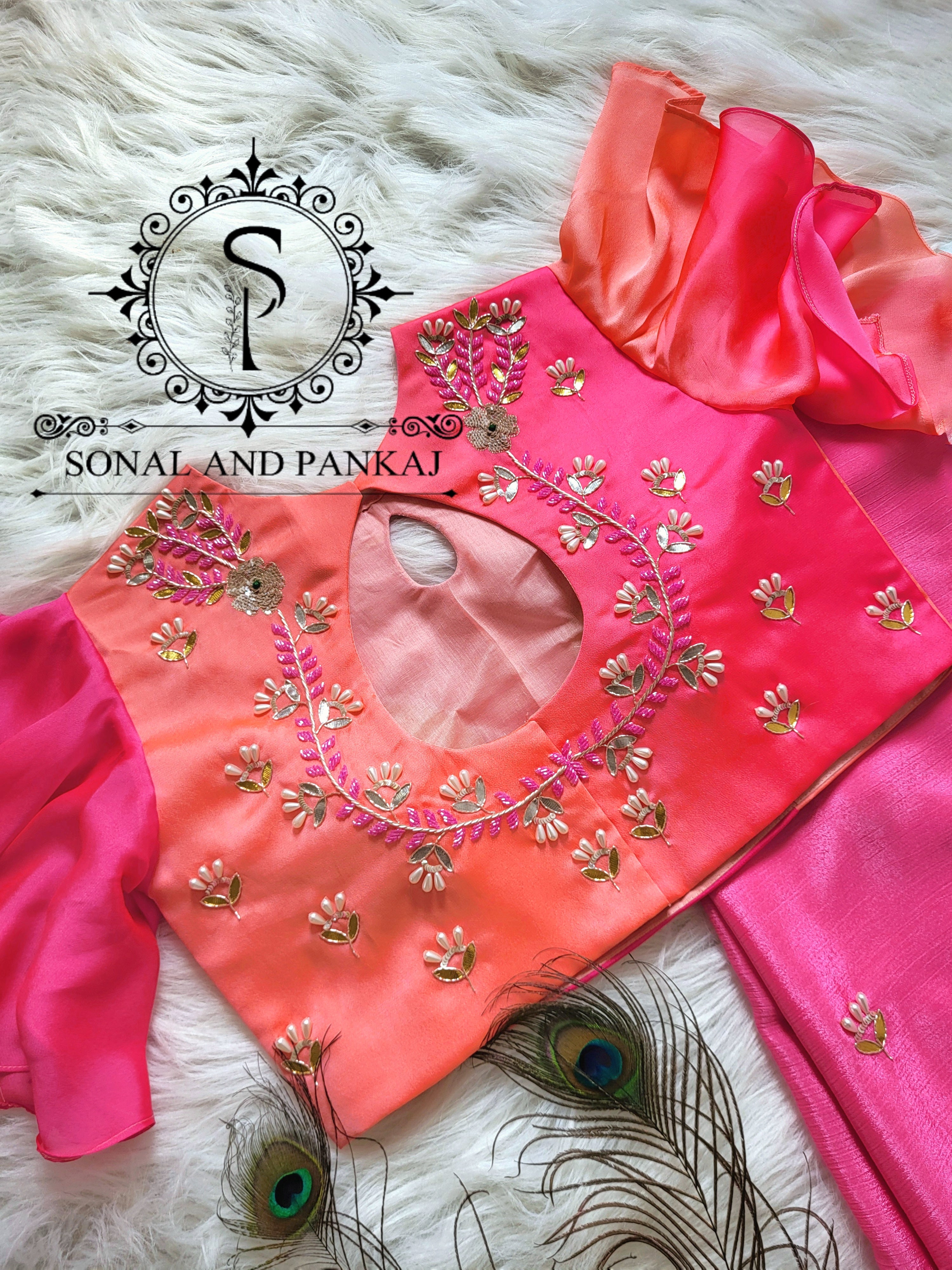 Peach & Pink Designer Hand Embroidered Blouse - BL01513