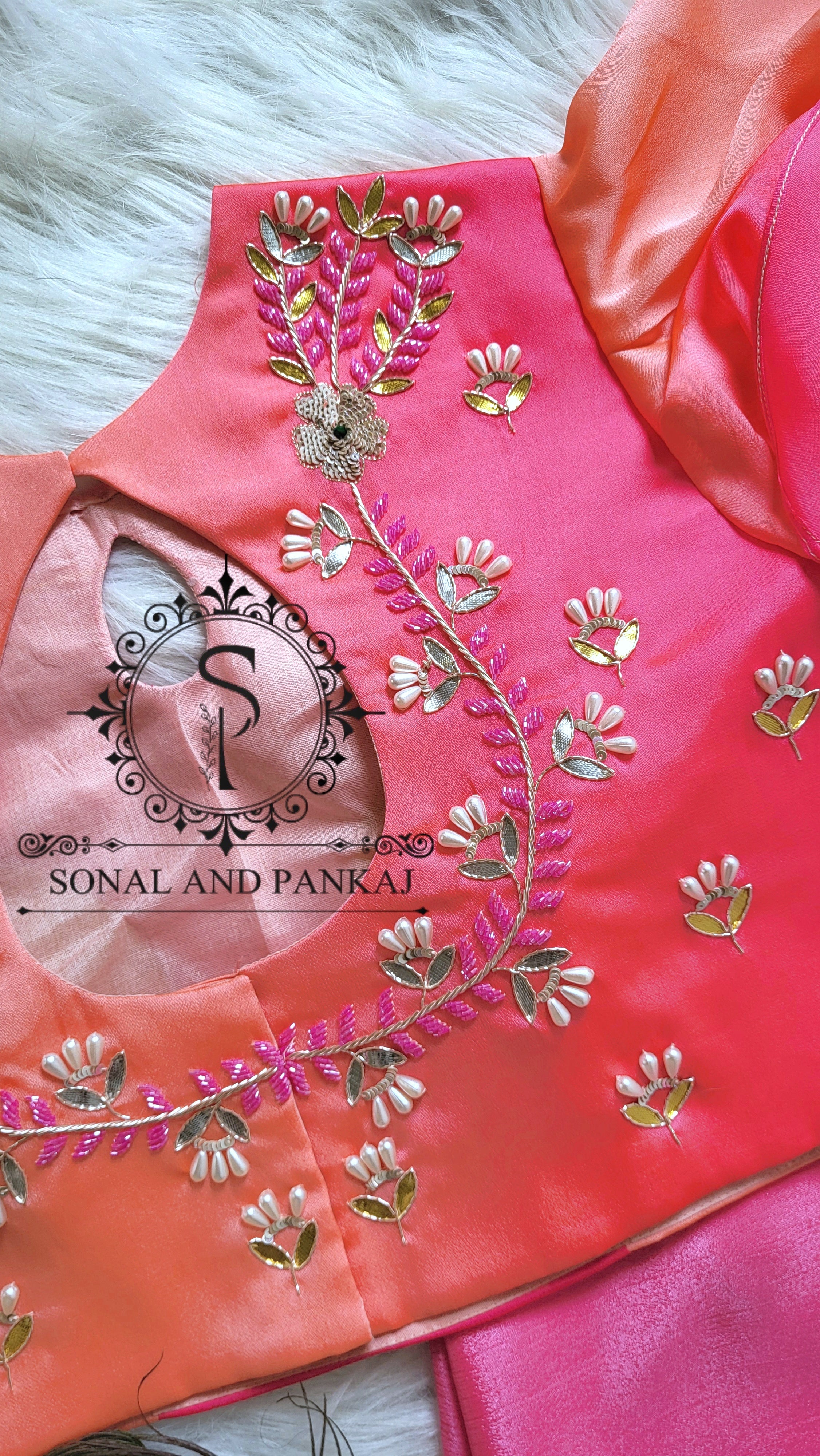 Peach & Pink Designer Hand Embroidered Blouse - BL01513