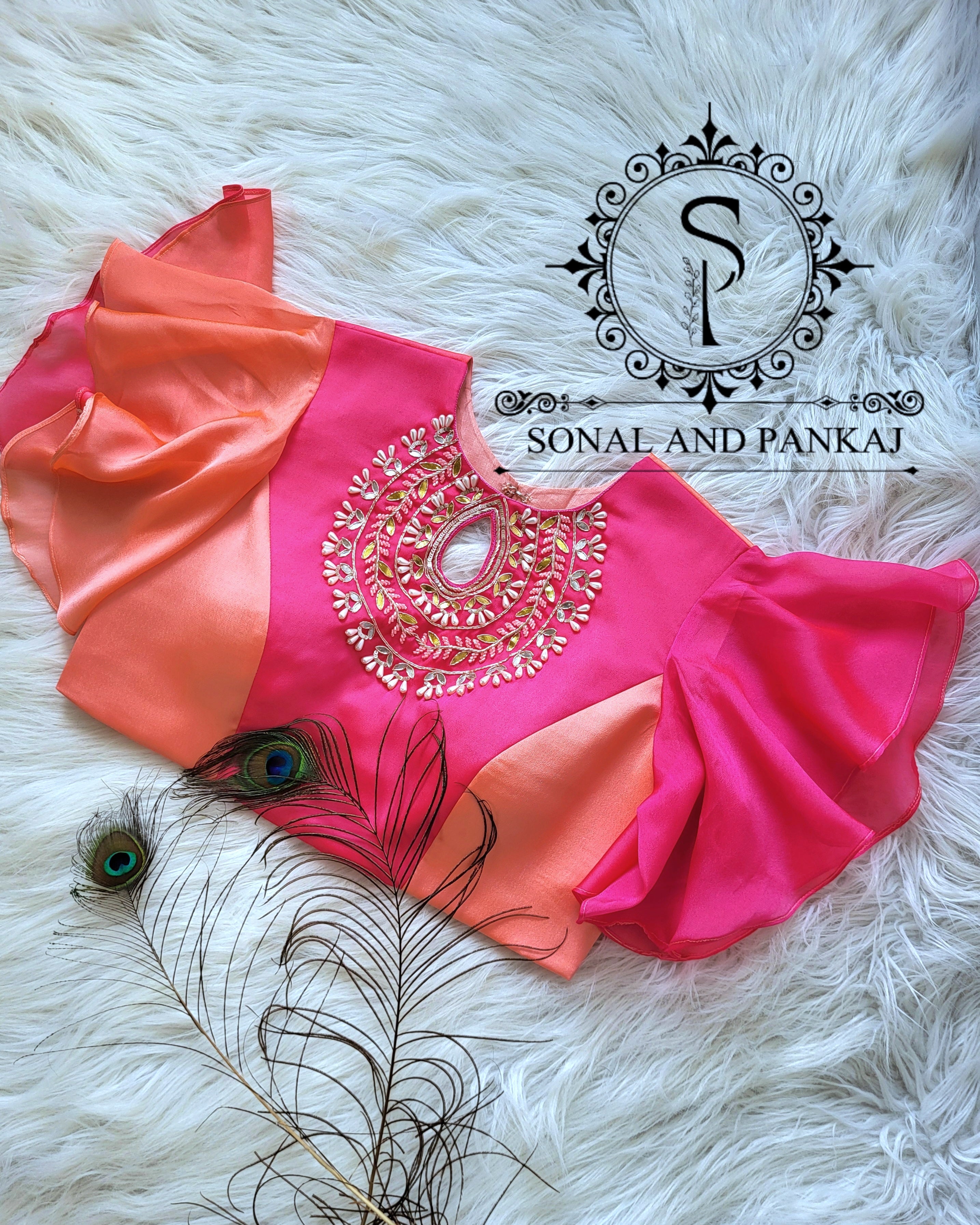 Peach & Pink Designer Hand Embroidered Blouse - BL01513
