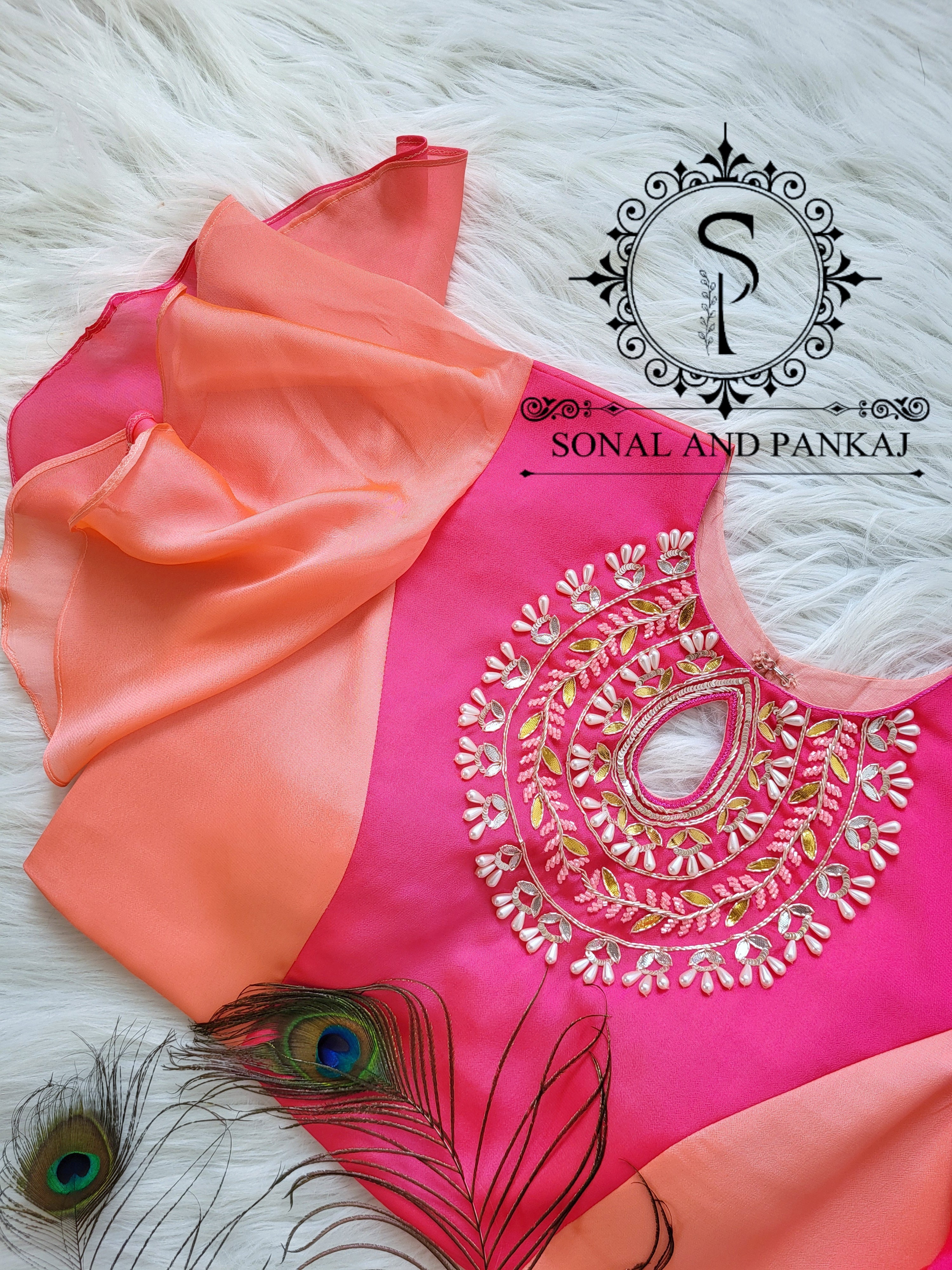Peach & Pink Designer Hand Embroidered Blouse - BL01513