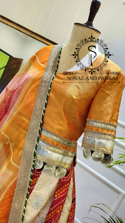Designer Long Blouse With Beautiful Duppatta & Kalidaar Lehenga On Sale - LH01525 (Red & Cream)