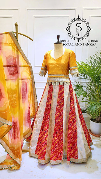 Designer Long Blouse With Beautiful Duppatta & Kalidaar Lehenga On Sale - LH01525 (Red & Cream)