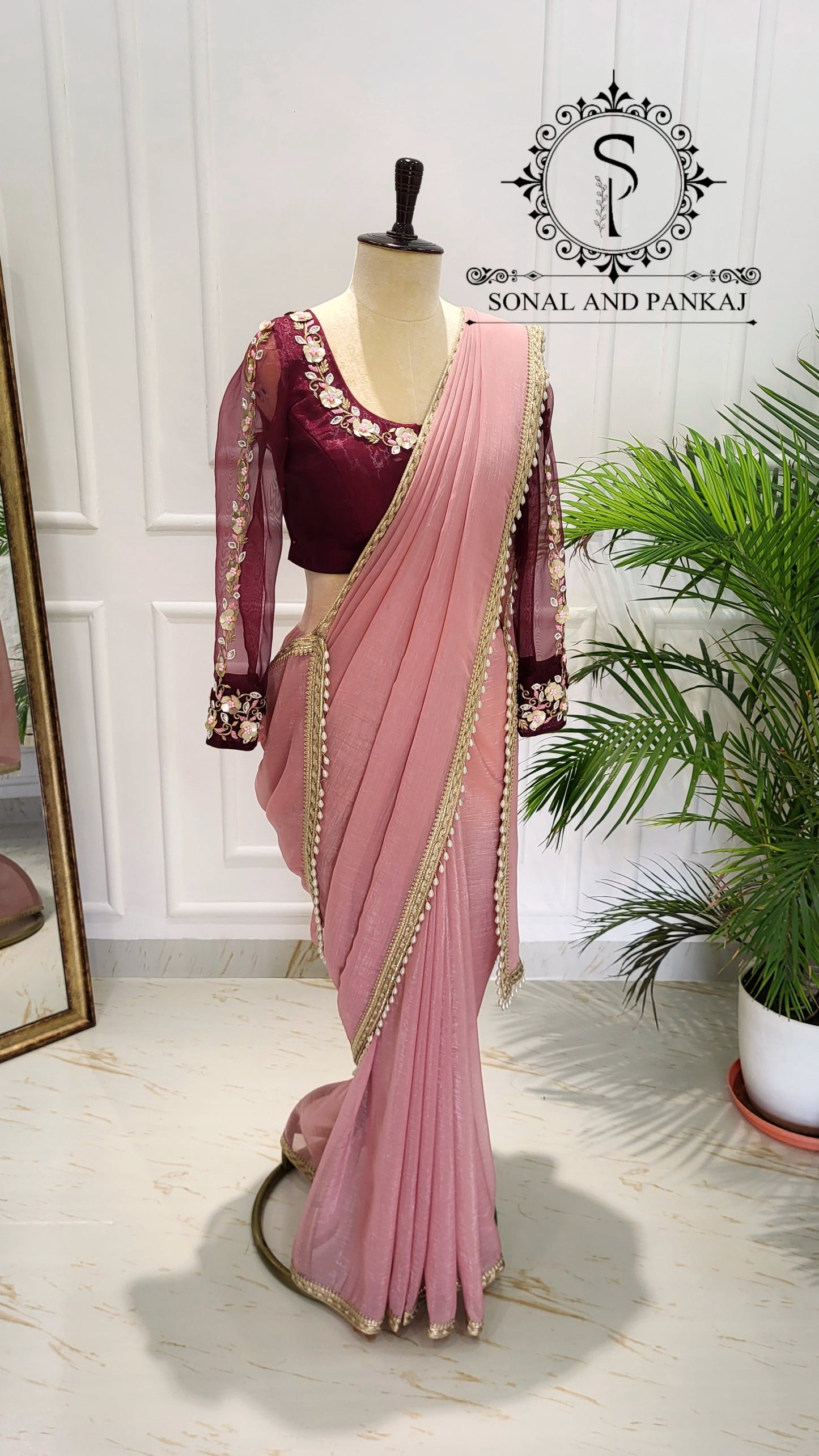 Rose Bandhani Gotta Patti Blouse brodée à la main - BL01044