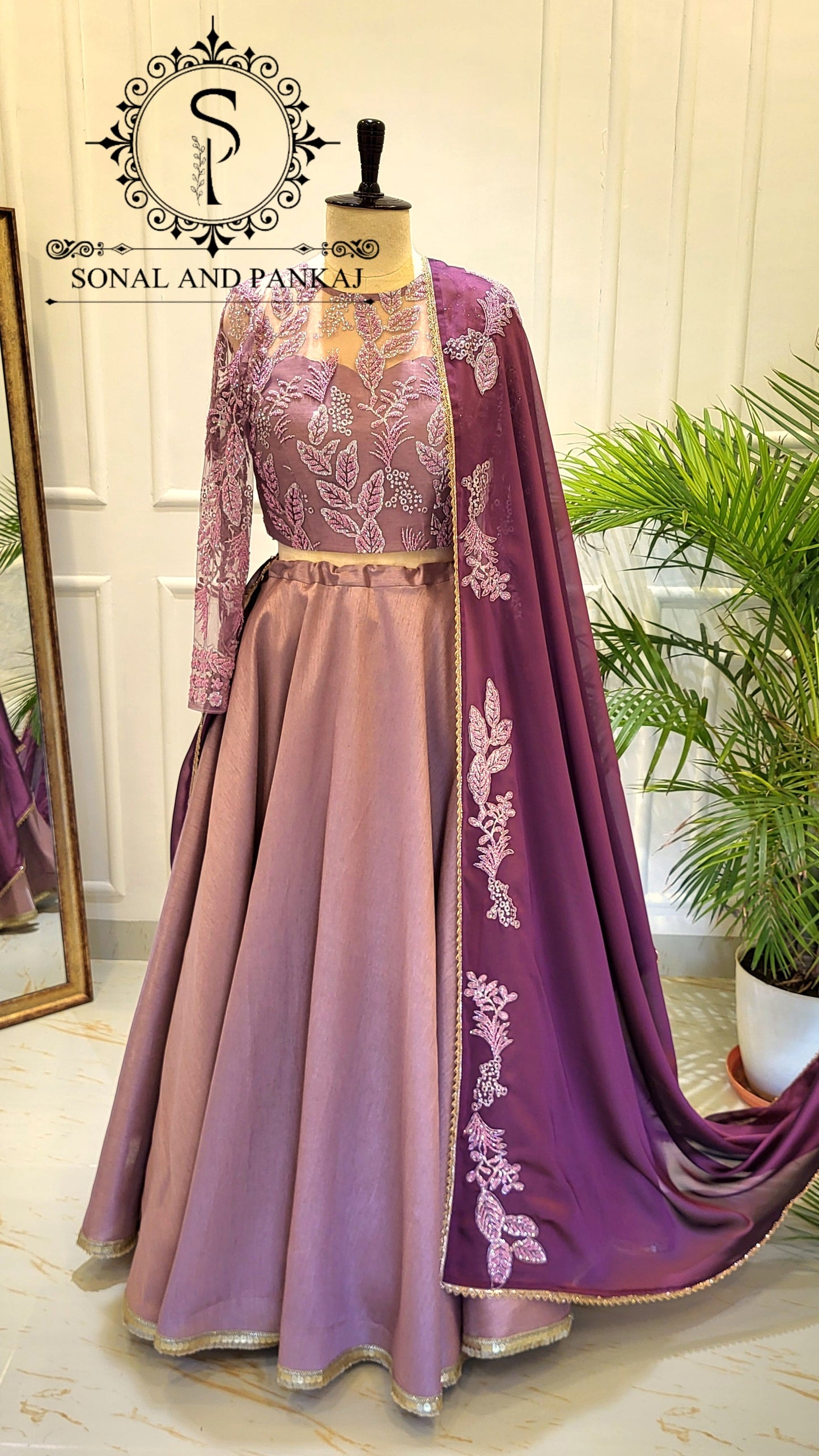 Mauve Embroidered Blouse With Beautiful Wine Duppatta & Lehenga On Sale - LH01540