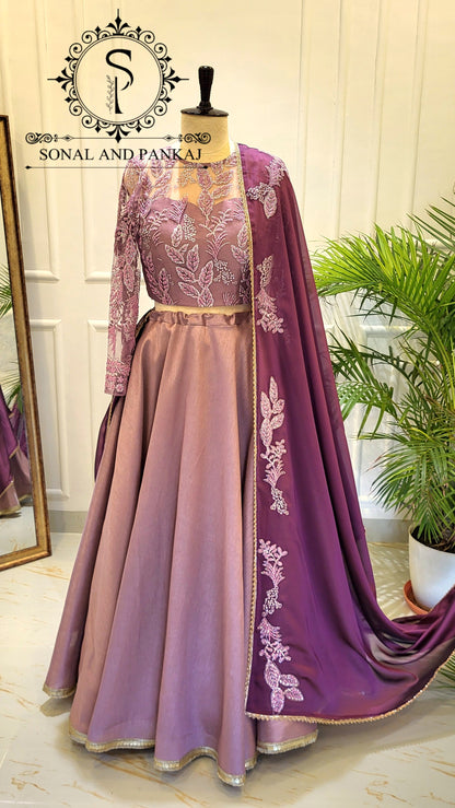 Mauve Embroidered Blouse With Beautiful Wine Duppatta & Lehenga On Sale - LH01540