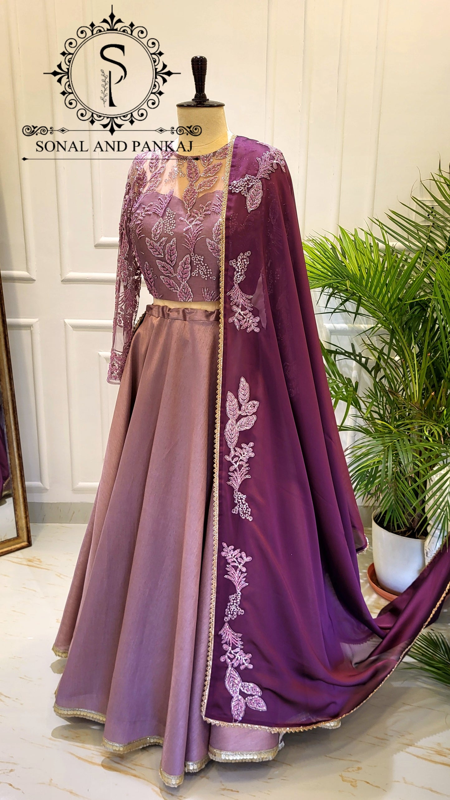 Mauve Embroidered Blouse With Beautiful Wine Duppatta & Lehenga On Sale - LH01540