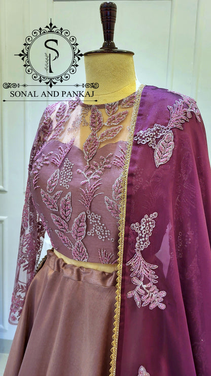 Mauve Embroidered Blouse With Beautiful Wine Duppatta & Lehenga On Sale - LH01540