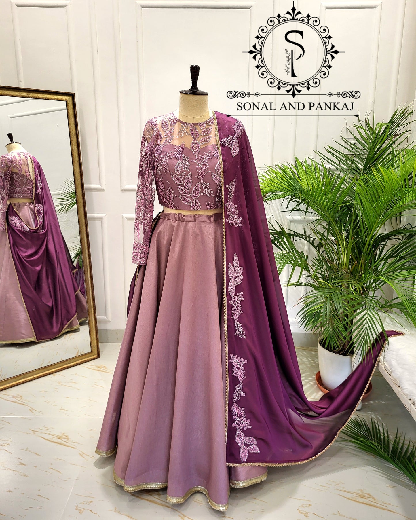 Mauve Embroidered Blouse With Beautiful Wine Duppatta & Lehenga On Sale - LH01540