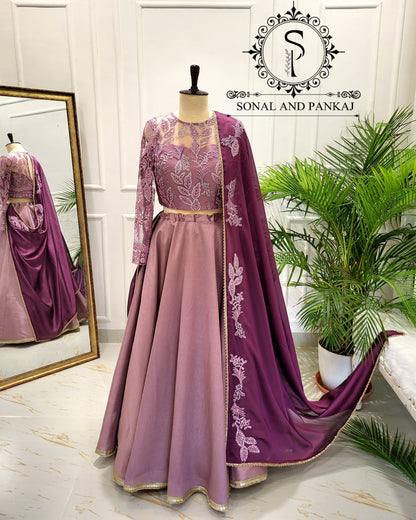 Mauve Embroidered Blouse With Beautiful Wine Duppatta & Lehenga On Sale - LH01540