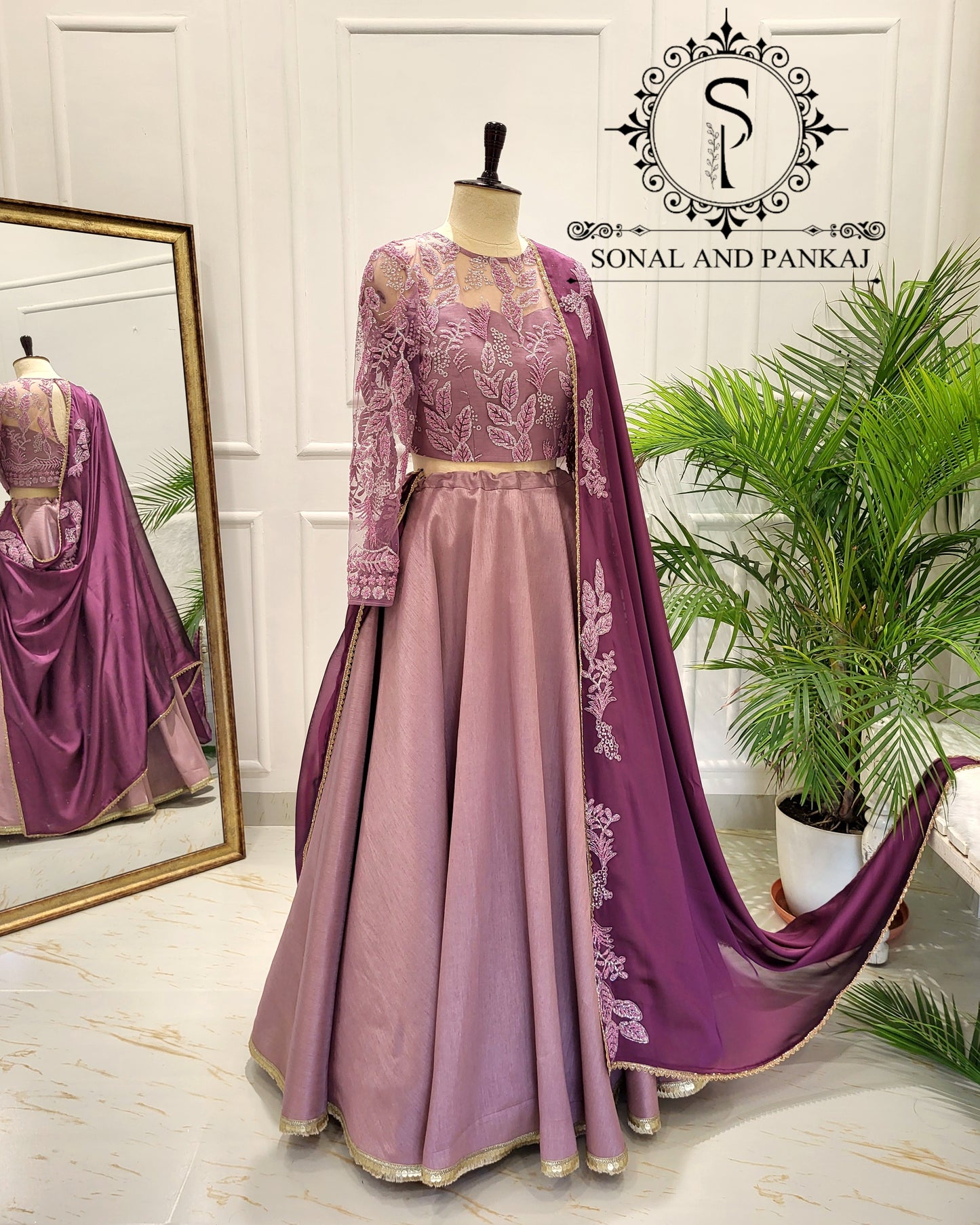 Mauve Embroidered Blouse With Beautiful Wine Duppatta & Lehenga On Sale - LH01540