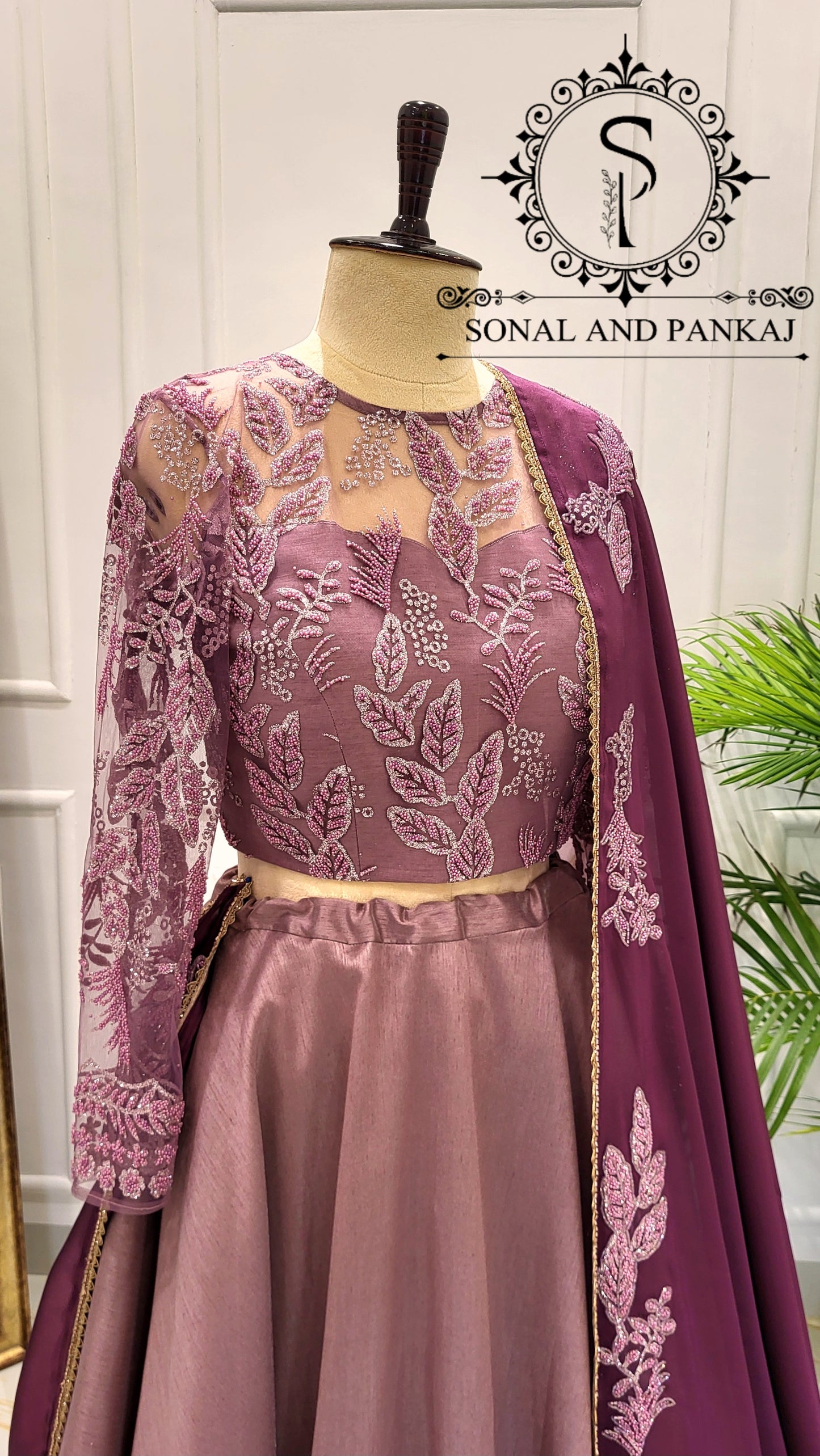 Mauve Embroidered Blouse With Beautiful Wine Duppatta & Lehenga On Sale - LH01540