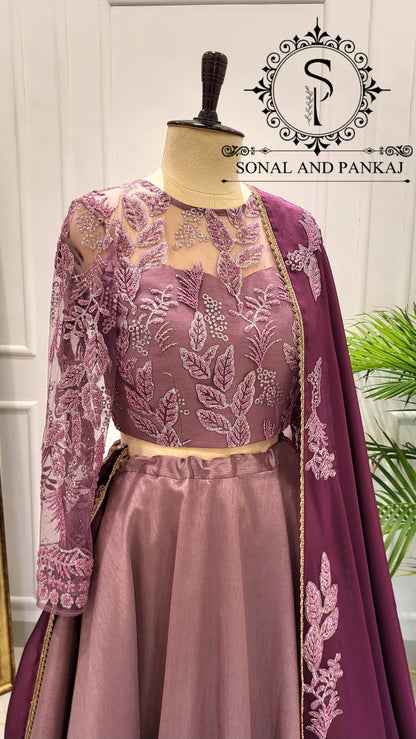 Mauve Embroidered Blouse With Beautiful Wine Duppatta & Lehenga On Sale - LH01540