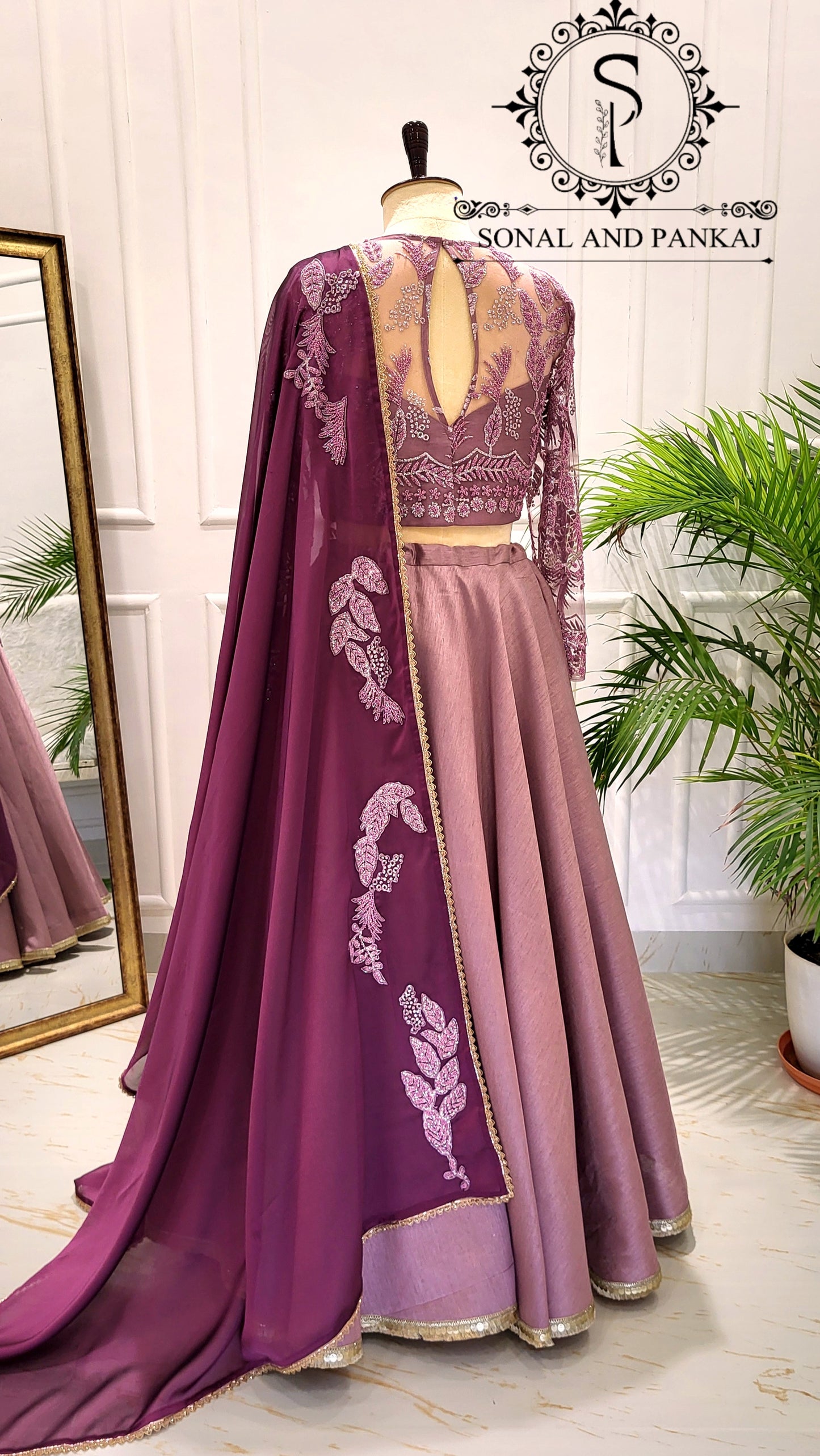 Mauve Embroidered Blouse With Beautiful Wine Duppatta & Lehenga On Sale - LH01540